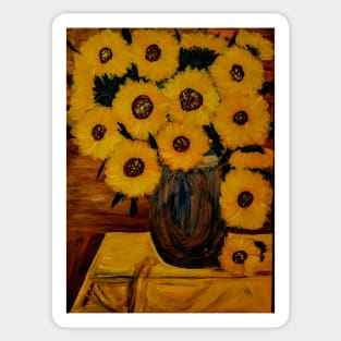 Sunflowers I'm a metallic blue gold and bronze and turquoise vase. On a table with yellow table cloth Sticker